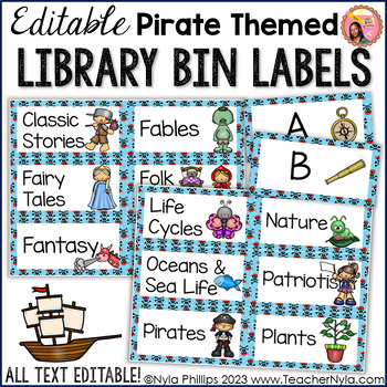 Preview of Pirate Themed Library Labels for Book Bins - Editable