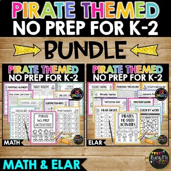 Preview of Pirate Themed No Prep Math and ELAR BUNDLE  | Worksheets for K-2