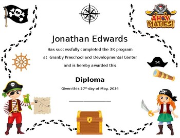 Preview of Pirate Treasure  Themed Preschool Diploma / Certificate 3k 4k 5k   Theme