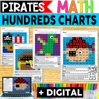 Preview of Hundreds Chart - Pirates -  Color By Number - With Digital Resources