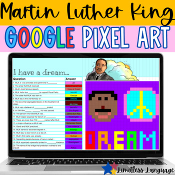 Preview of Pixel Art Martin Luther King for middle and high school grades, with reading