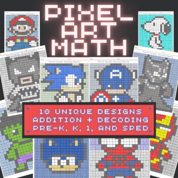 Preview of Pixel Art Math 10 Designs Single-Digit Addition Color by Number Dragon Decoding
