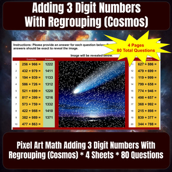 Preview of Pixel Art Math Adding 3 Digit Numbers With Regrouping (Cosmos) * 4 Google Sheets