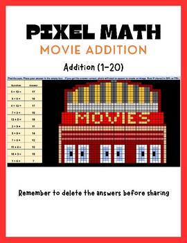 Preview of Pixel Art Math-- Addition (1-20)- MOVIE THEATER