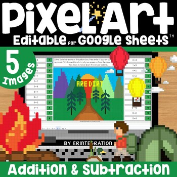 Preview of Pixel Art Math Addition and Subtraction Practice End of Year Camping Theme