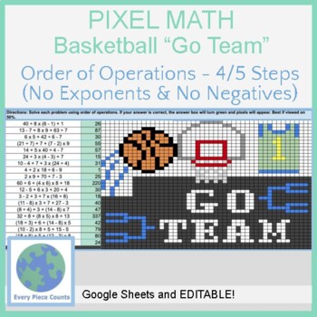 Preview of Pixel Art Math - Basketball "Go Team" - Order of Operations (4/5 Steps)