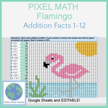 Preview of Pixel Art Math - Flamingo - Addition Facts 1 - 12