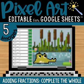Preview of Adding Fractions to Complete the Whole Pixel Art Math Google Sheets | 5 Images