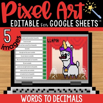 Preview of Reading & Writing Decimals Pixel Art Math Google Sheets | Editable | 5 Images