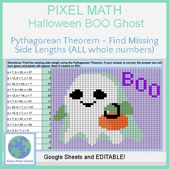 Preview of Pixel Art Math - Halloween BOO Ghost - Pythagorean Theorem - Find Missing Side