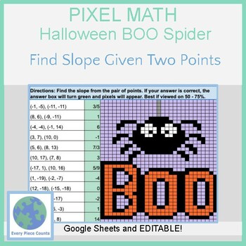 Preview of Pixel Art Math - Halloween BOO Spider -  Find Slope Given Two Points