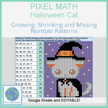 Preview of Pixel Art Math - Halloween Cat - Growing, Shrinking and Missing Number Patterns