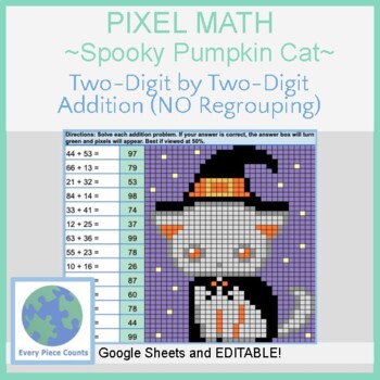 Preview of Pixel Art Math - Halloween Witch Cat - Two-Digit by Two-Digit Addition