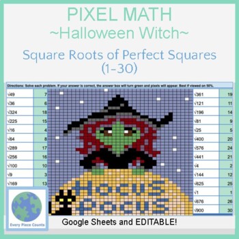 Preview of Pixel Art Math - Halloween Witch Scene - Square Roots of Perfect Squares