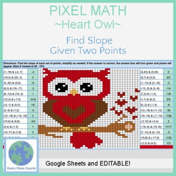 Preview of Pixel Art Math - Heart Owl - Find Slope Given Two Points