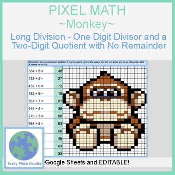 Preview of Pixel Art Math - Monkey - Long Division - One Digit Divisor & Two-Digit Quotient