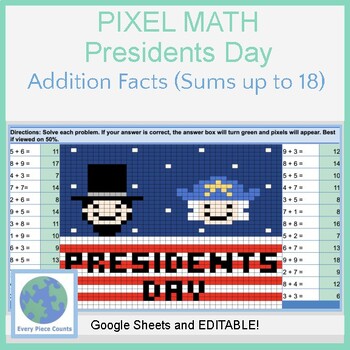 Preview of Pixel Art Math - Presidents' Day - Addition Facts (Sums up to 18)