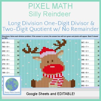 Preview of Pixel Art Math - Silly Reindeer - Long Division: One-Digit Divisor