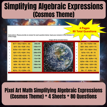 Preview of Pixel Art Math Simplifying Algebraic Expressions (Cosmos)  * 4 Google Sheets