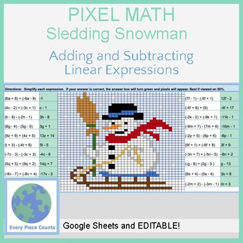 Preview of Pixel Art Math - Sledding Snowman - Adding and Subtracting Linear Expressions