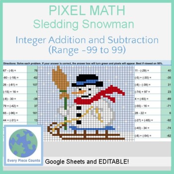 Preview of Pixel Art Math -Sledding Snowman - Integer Addition and Subtraction