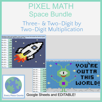 Preview of Pixel Art Math - Space Bundle - Three- & Two-Digit by Two-Digit Multiplication