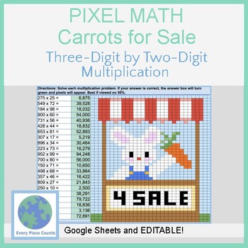 Preview of Pixel Art Math - Spring Bunny - Three-Digit by Two-Digit Multiplication