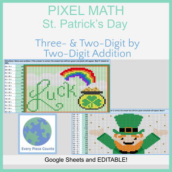 Preview of Pixel Art Math -St.Patricks Day Bundle -Three- & Two-Digit by Two-Digit Addition