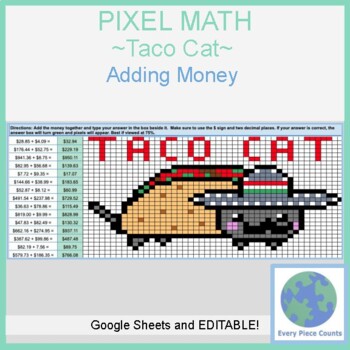 Preview of Pixel Art Math - Taco Cat - Adding Money