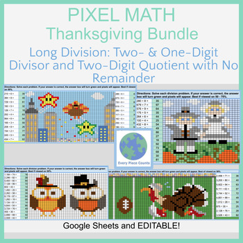 Preview of Pixel Art Math - Thanksgiving Bundle - Long Division: Two- & One-Digit Divisors