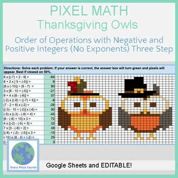 Preview of Pixel Art Math - Thanksgiving Owls - Order of Operations w/ Integers (3 Steps)