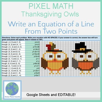 Preview of Pixel Art Math - Thanksgiving Owls - Write an Equation of a Line From Two Points