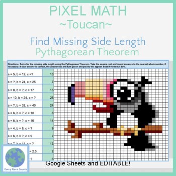 Preview of Pixel Art Math - Toucan - Pythagorean Theorem: Find Missing Side Length