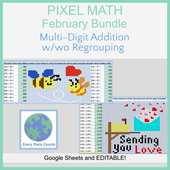 Preview of Pixel Art Math - Valentine's Day - Multi-Digit Addition