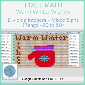 Preview of Pixel Art Math - Warm Winter Wishes - Dividing Integers - Mixed Signs