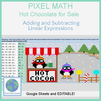 Preview of Pixel Art Math - Winter Cocoa for Sale - Adding & Subtracting Linear Expressions