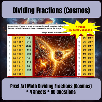 Preview of Pixel Art Math Work Dividing Fractions (Cosmos Theme)  * 4 Google Sheets