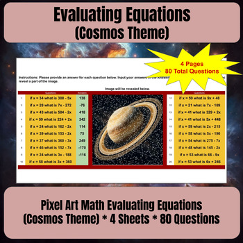 Preview of Pixel Art Math Work Evaluating Equations (Cosmos Theme) * 4 Google Sheets