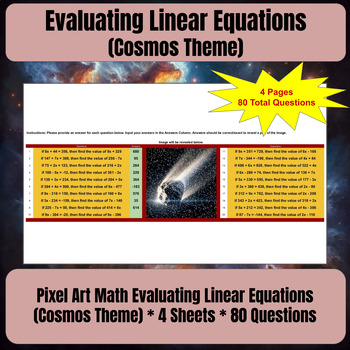 Preview of Pixel Art Math Work Evaluating Linear Equations (Cosmos Theme) * 4 Google Sheets