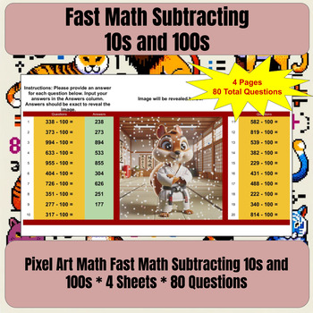 Preview of Pixel Art Math Work Fast Math Subtracting 10s and 100s * 4 Google Sheets