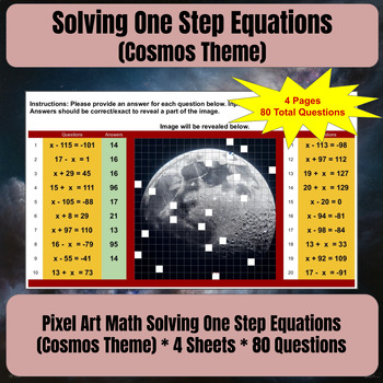 Preview of Pixel Art Math Work Solving One Step Equations (Cosmos Theme) * 4 Google Sheets