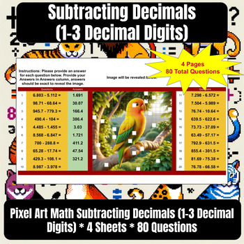 Preview of Pixel Art Math Work Subtracting Decimals (1-3 Decimal Digits) * 4 Google Sheets