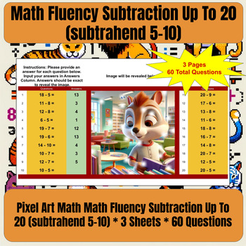 Preview of Pixel Art Math Work Subtraction Up To 20 (subtrahend 5-10) * 3 Google Sheets