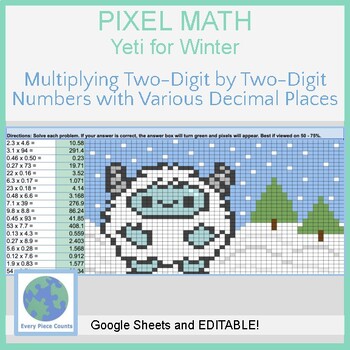 Preview of Pixel Art Math - Yeti for Winter - Multiplying Two-Digit by Two-Digit (Decimals)