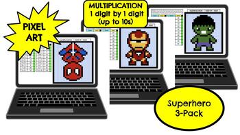 Preview of Pixel Art - Multiplication 1 Digit by 1 Digit (Superhero 3-Pack)