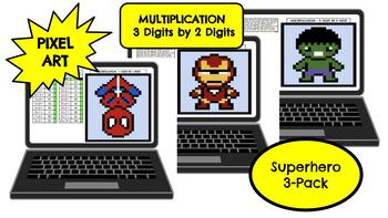Preview of Pixel Art - Multiplication 3 Digits by 2 Digits (Superhero 3-Pack)