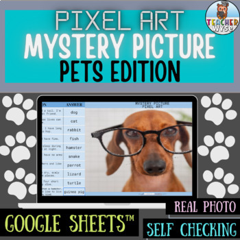 Preview of Pixel Art Mystery Picture Digital Pets Quiz for Google Sheets™ Self Checking