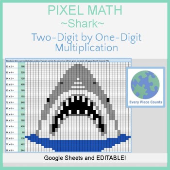 Preview of Pixel Art Math - Shark - Two-Digit by One-Digit Multiplication