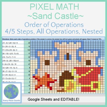 Preview of Pixel Art Math - Summer Sand Castle - Order of Operations (No Negatives)