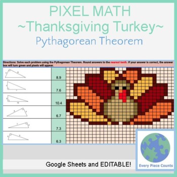 Preview of Pixel Art Math - Thanksgiving Turkey - Pythagorean Theorem
